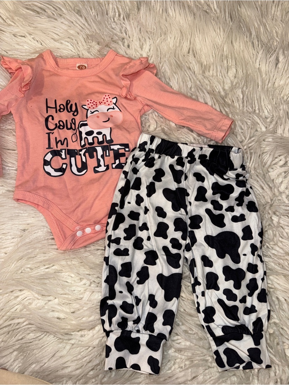 Kids Peach Long-Sleeve Bodysuit and Cow-Print Pants Matching Set